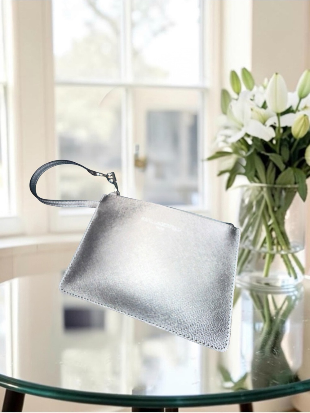 3FER Karl Lagerfeld Park Metallic Silver Tote with Matching Pouch & Accent Scarf - Picture 14 of 16